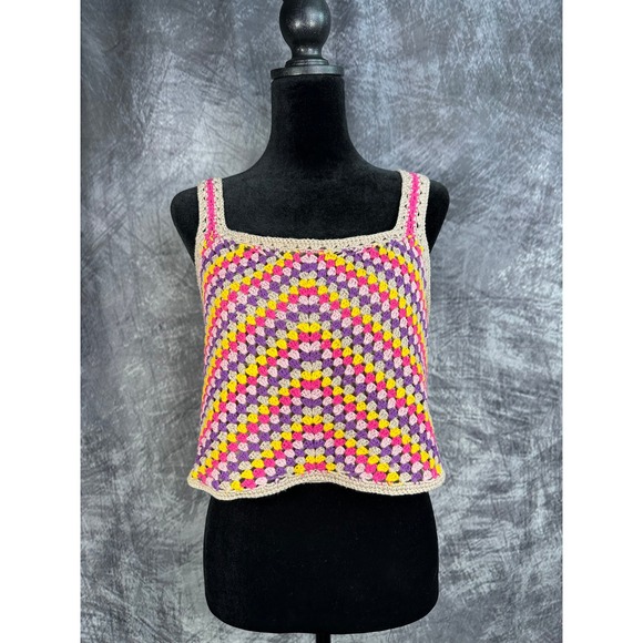 Hazel Moon Tops - Hazel Moon Crochet Tank Top Women Large Multicolor Boho Granny Square Lined
